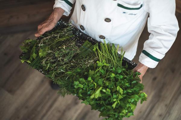 Ein Koch trägt ein Tablett mit frischen Kräutern