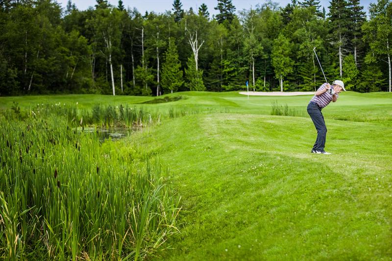 Aunfahme eines Golfers auf einem grünen Golfplatz