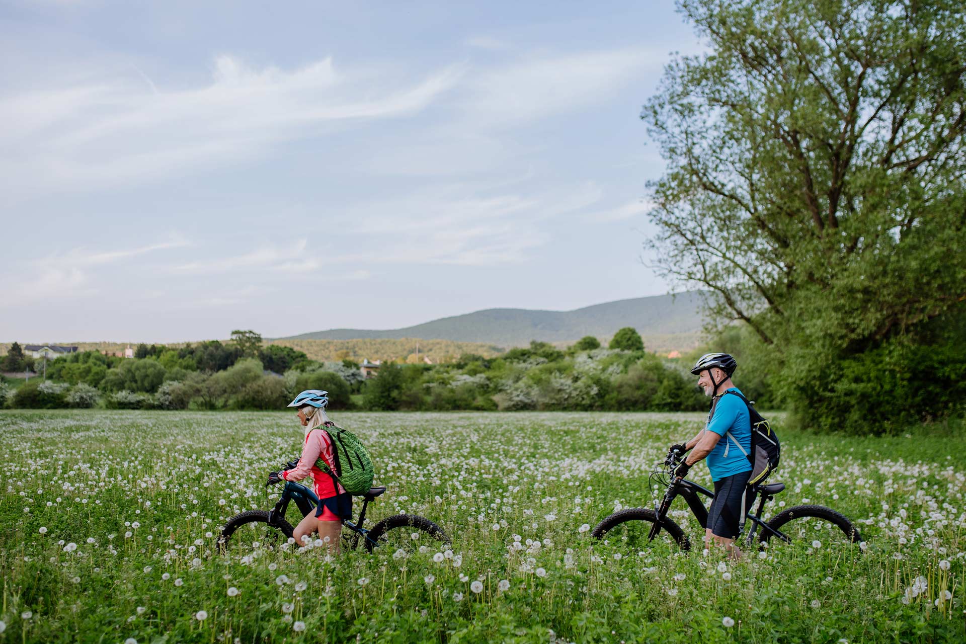 Zwei Fahrradfahrer auf ihrem Weg durch hohe Wiesen